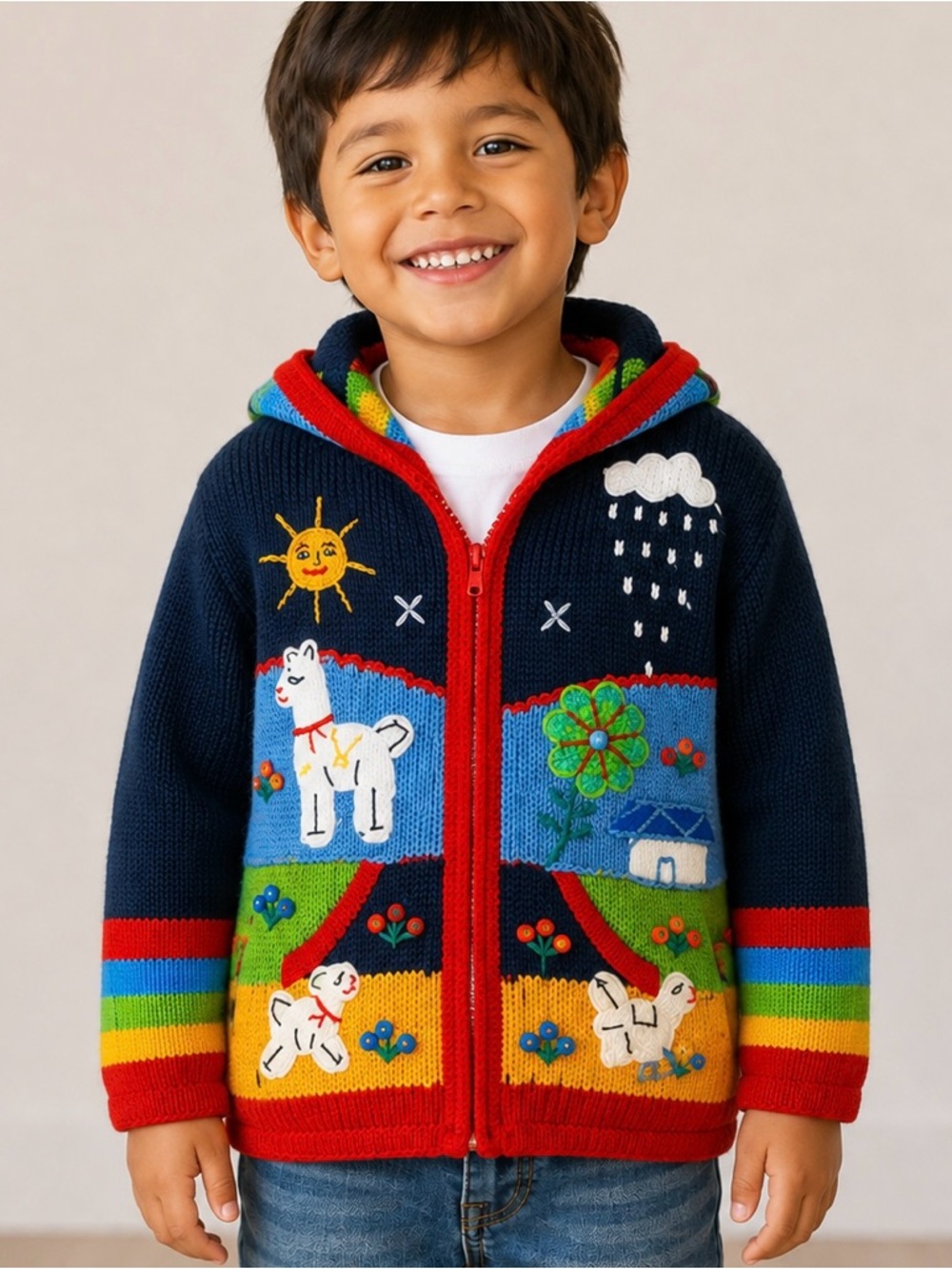 Hand knit Peruvian sweater zip hooded cardigan embroidered sweater Boy’s size 6